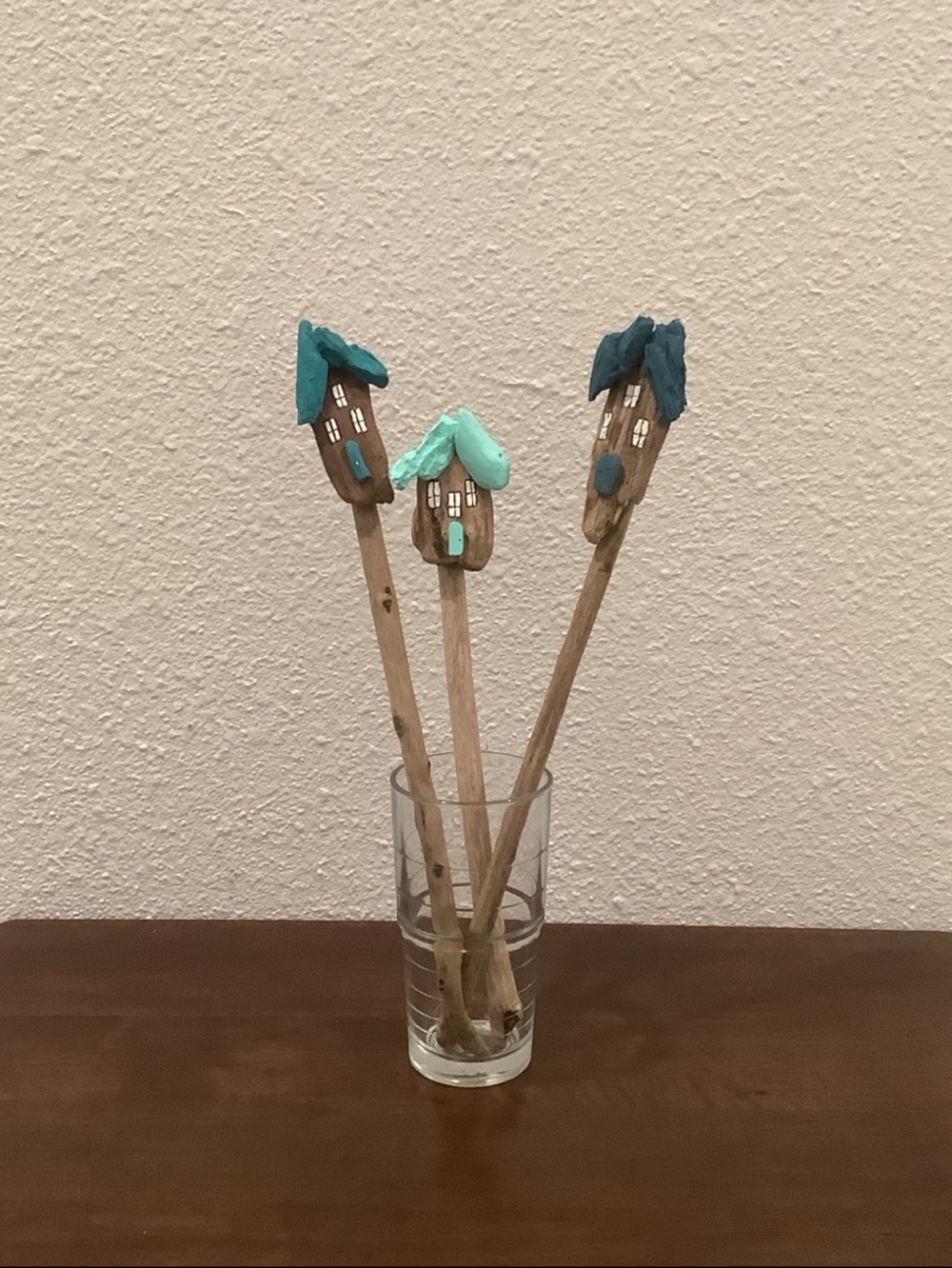 Driftwood Art, Driftwood Painted Houses Plant Sticks, Driftwood Coastal Decor